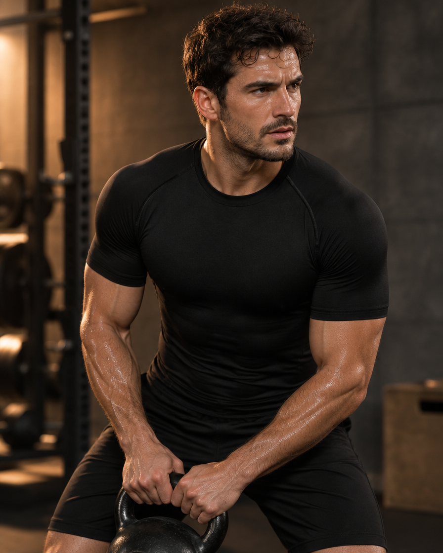 Man training in a gym wearing the black Heat° Core Tee