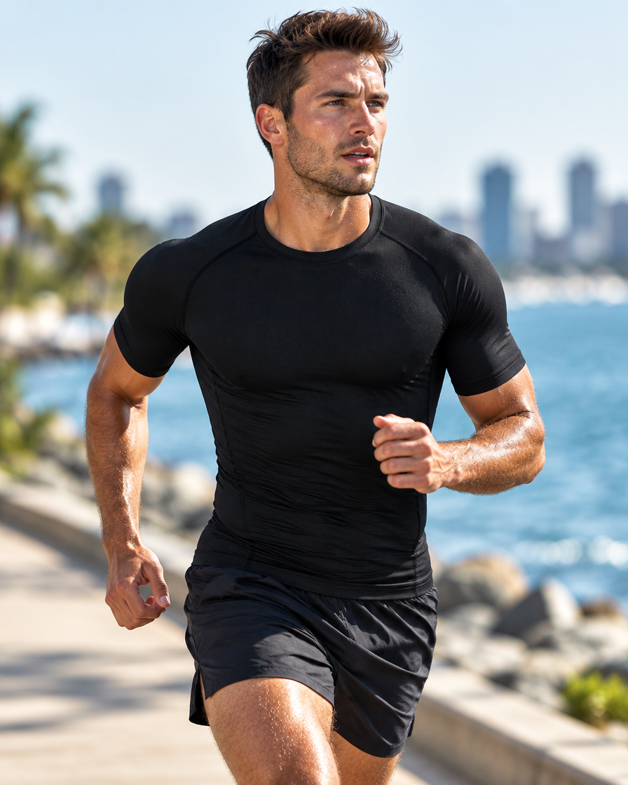 Man running on a hot summer morning wearing the black Heat° Core Tee