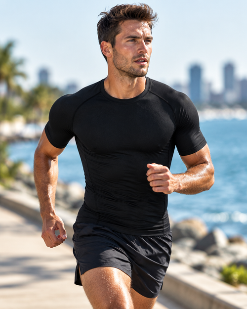 Man running on a hot summer morning wearing the black Heat° Core Tee